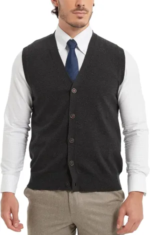Kallspin Mens Button Down Sweater Vest Lightweight Knitted Pure Cotton V-Neck Sleeveless Cardigans