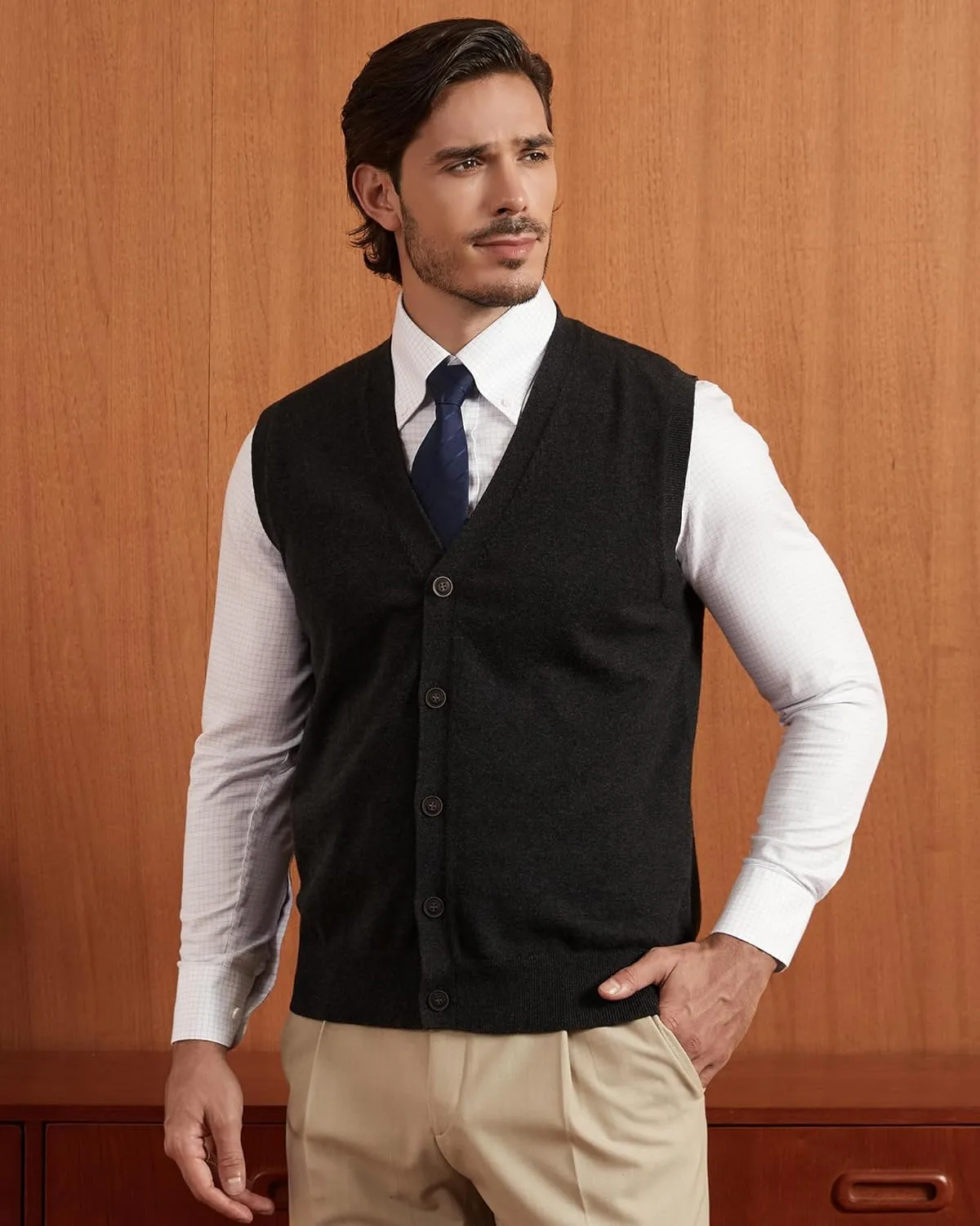 Kallspin Mens Button Down Sweater Vest Lightweight Knitted Pure Cotton V-Neck Sleeveless Cardigans