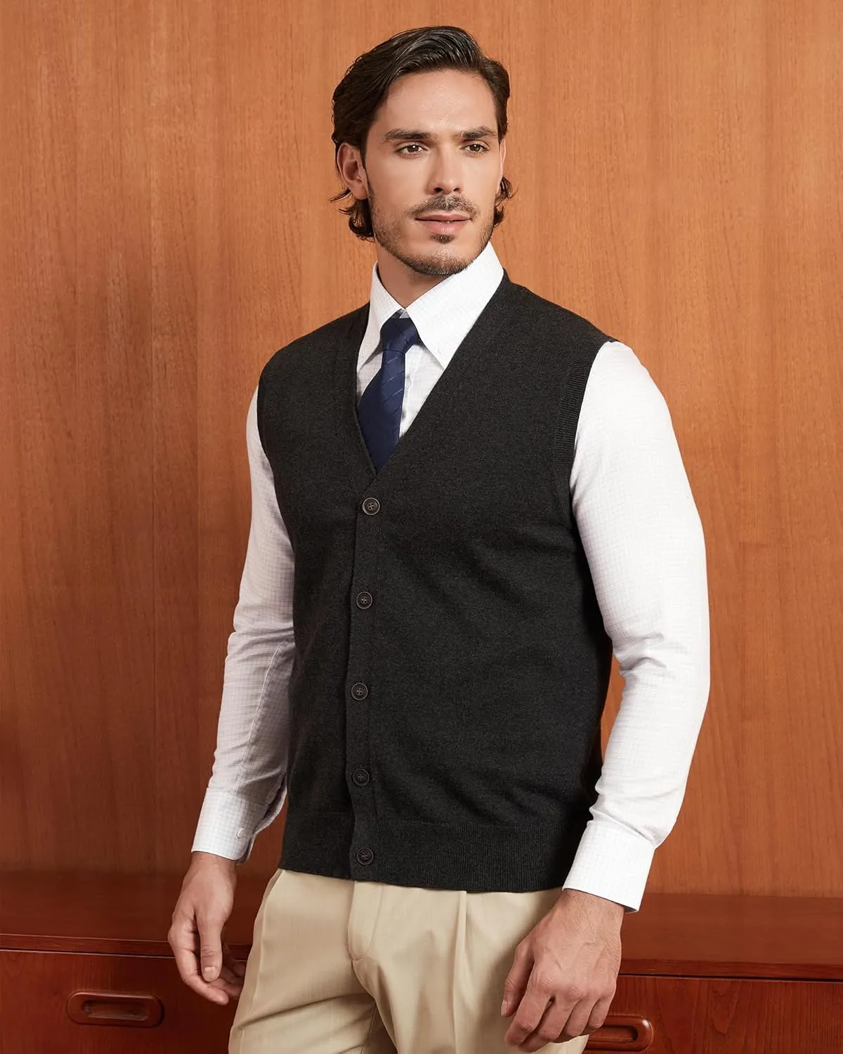 Kallspin Mens Button Down Sweater Vest Lightweight Knitted Pure Cotton V-Neck Sleeveless Cardigans