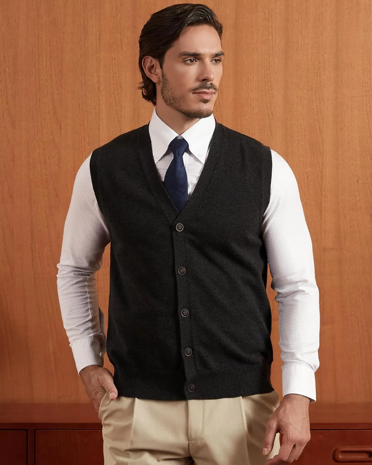 Kallspin Mens Button Down Sweater Vest Lightweight Knitted Pure Cotton V-Neck Sleeveless Cardigans