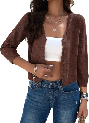 Kate Kasin Women's 2025 Cropped Cardigan Sweaters Trendy Lightweight 3/4 Sleeve Button Down Crochet Textured Shrugs Top
