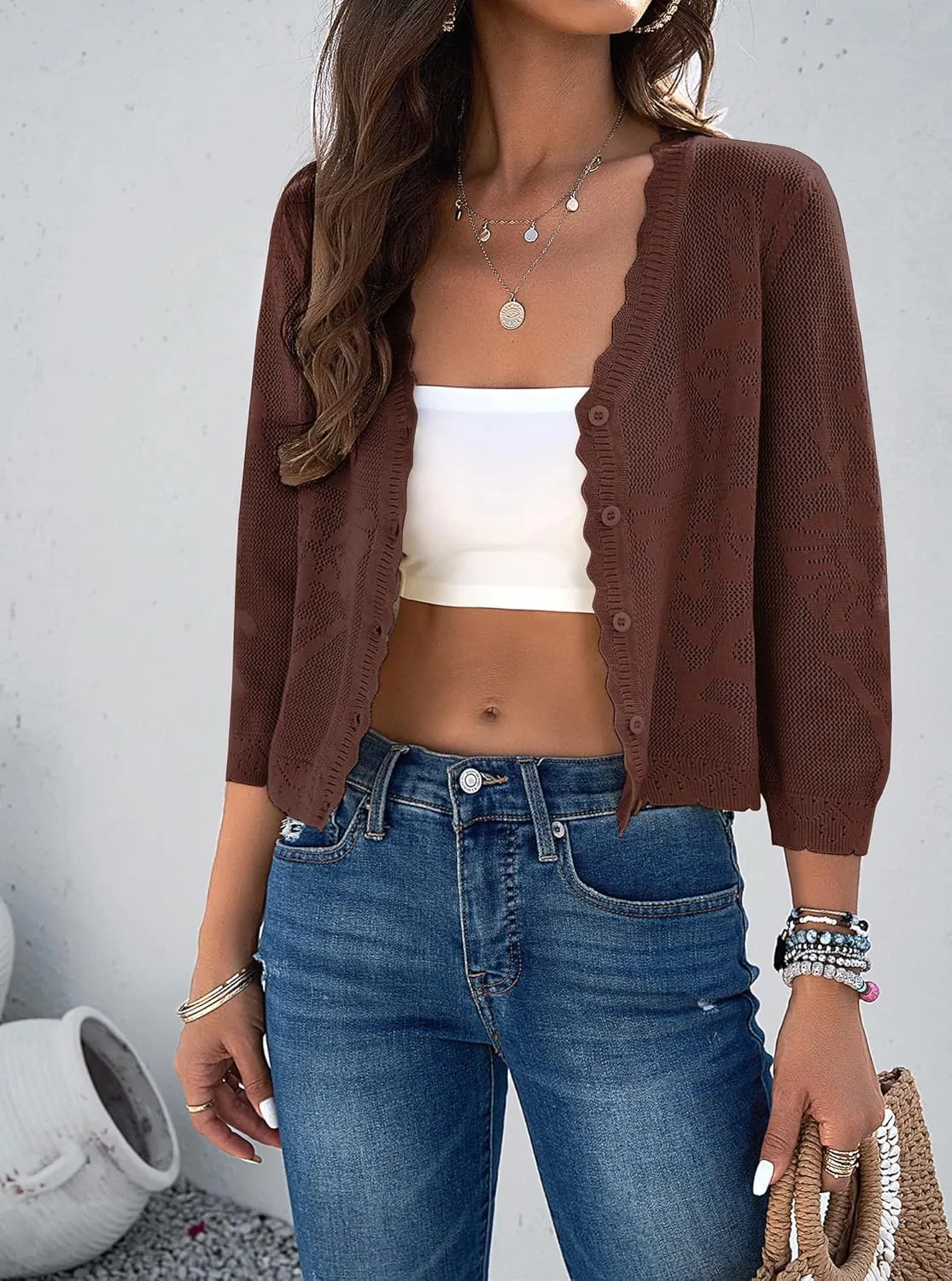 Kate Kasin Women's 2025 Cropped Cardigan Sweaters Trendy Lightweight 3/4 Sleeve Button Down Crochet Textured Shrugs Top