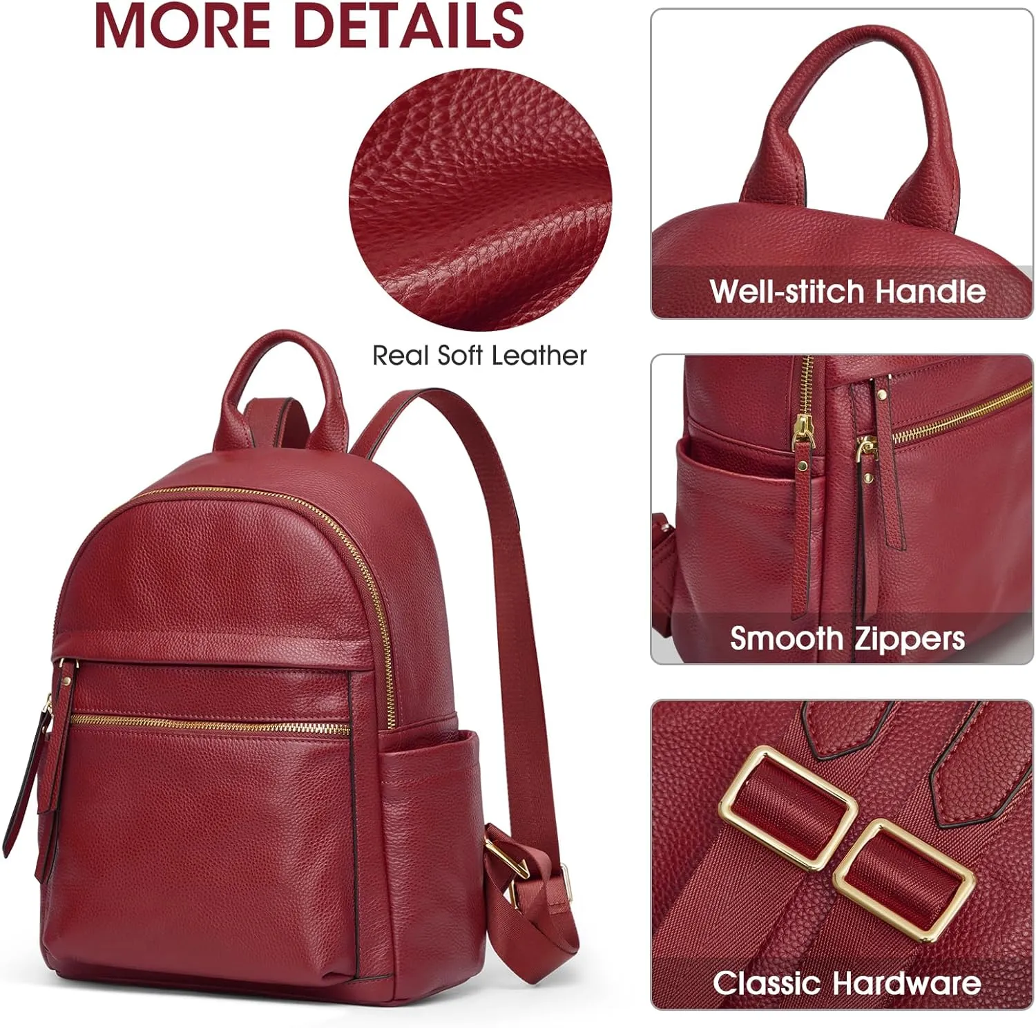 Kattee Genuine Leather Backpack Purse for Women Multi-functional Elegant Daypack Soft Leather Shoulder Bag Shopping Trip, Medium, Wine Red