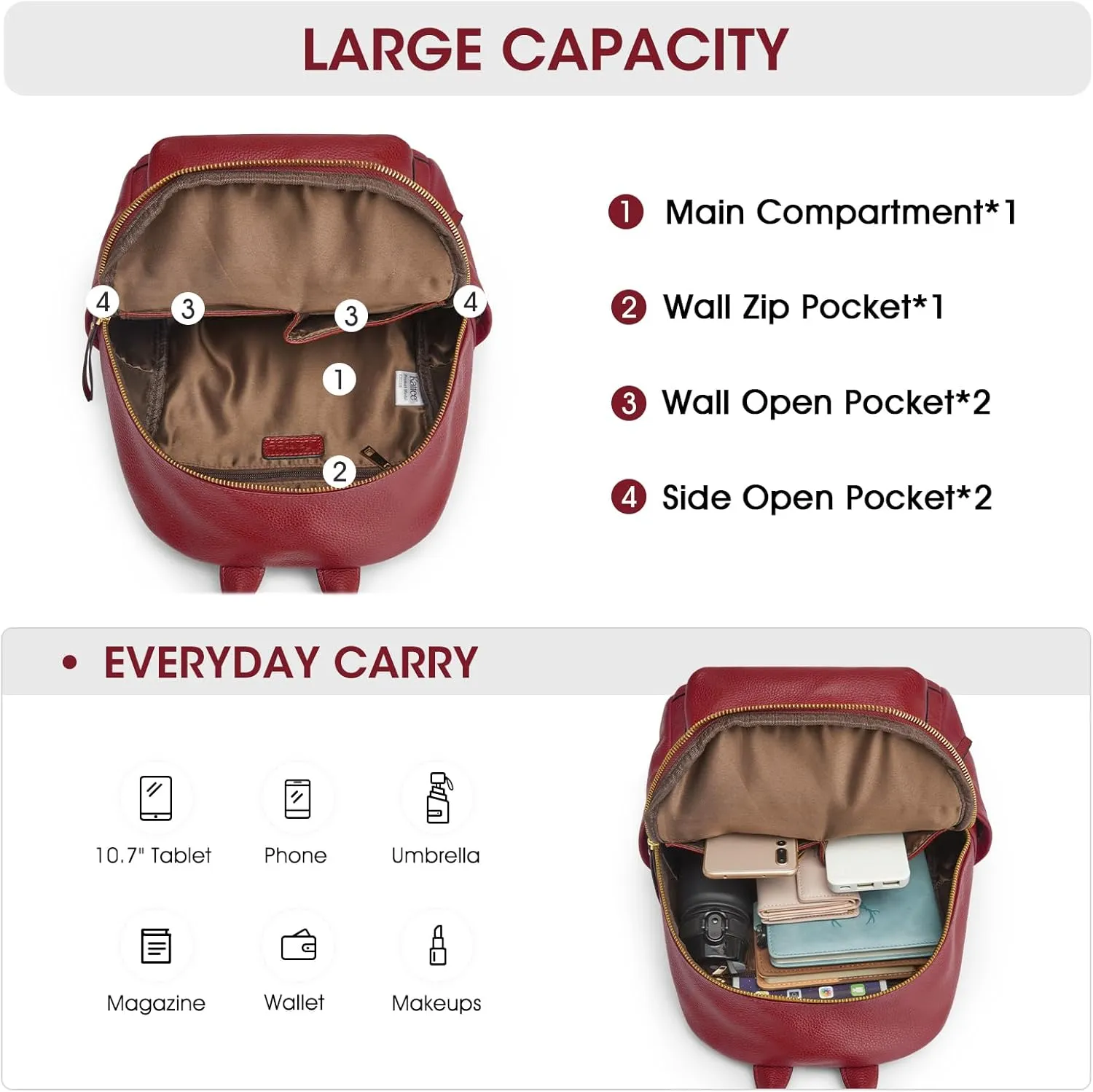 Kattee Genuine Leather Backpack Purse for Women Multi-functional Elegant Daypack Soft Leather Shoulder Bag Shopping Trip, Medium, Wine Red