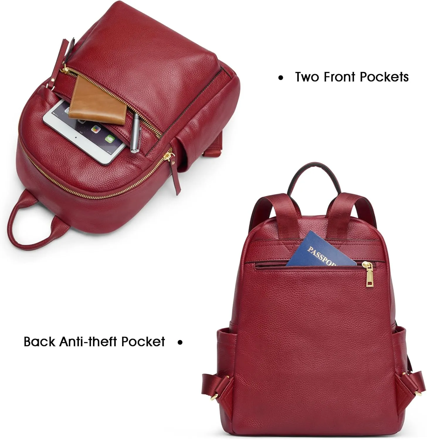 Kattee Genuine Leather Backpack Purse for Women Multi-functional Elegant Daypack Soft Leather Shoulder Bag Shopping Trip, Medium, Wine Red