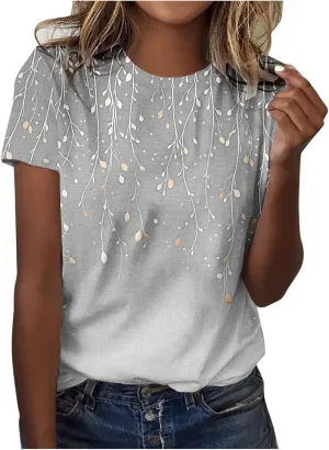 Ladie's 2025 Trendy Floral Print Round Neck T-Shirt for Summer Women Casual Loose Fit Boho Top Outfits
