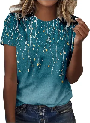 Ladie's 2025 Trendy Floral Print Round Neck T-Shirt for Summer Women Casual Loose Fit Boho Top Outfits