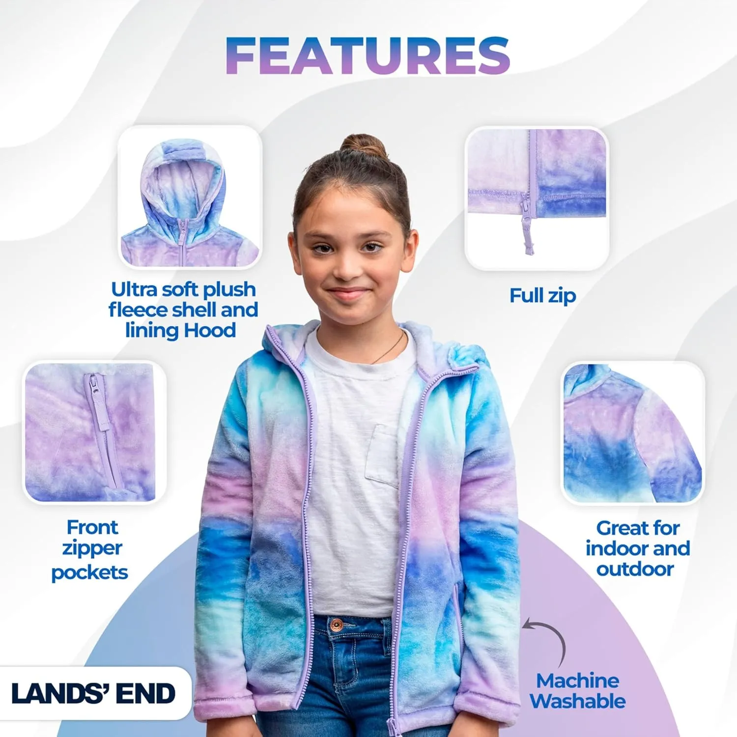 Lands' End Girls Softest Fleece Full Zip Hoodie Sweatshirt (XS-L)