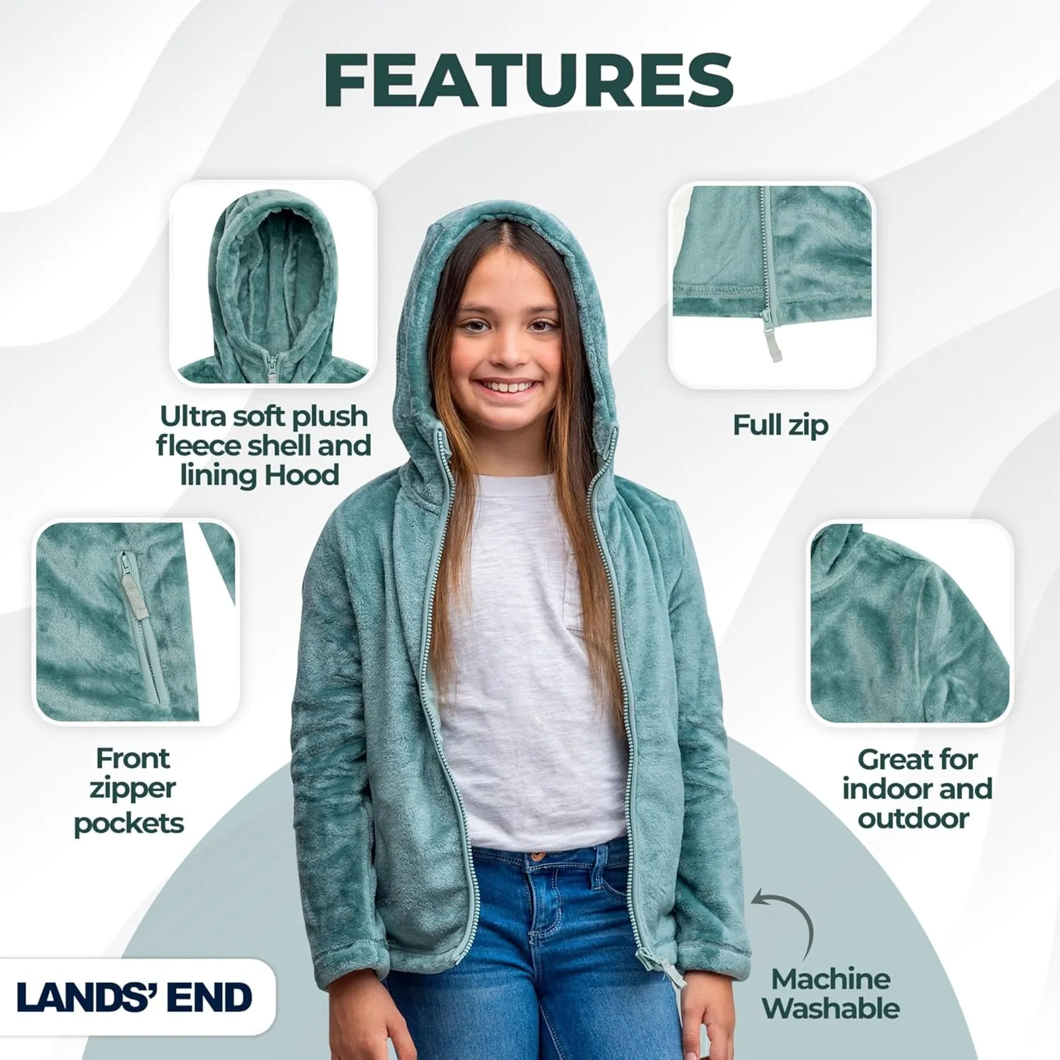 Lands' End Girls Softest Fleece Full Zip Hoodie Sweatshirt (XS-L)
