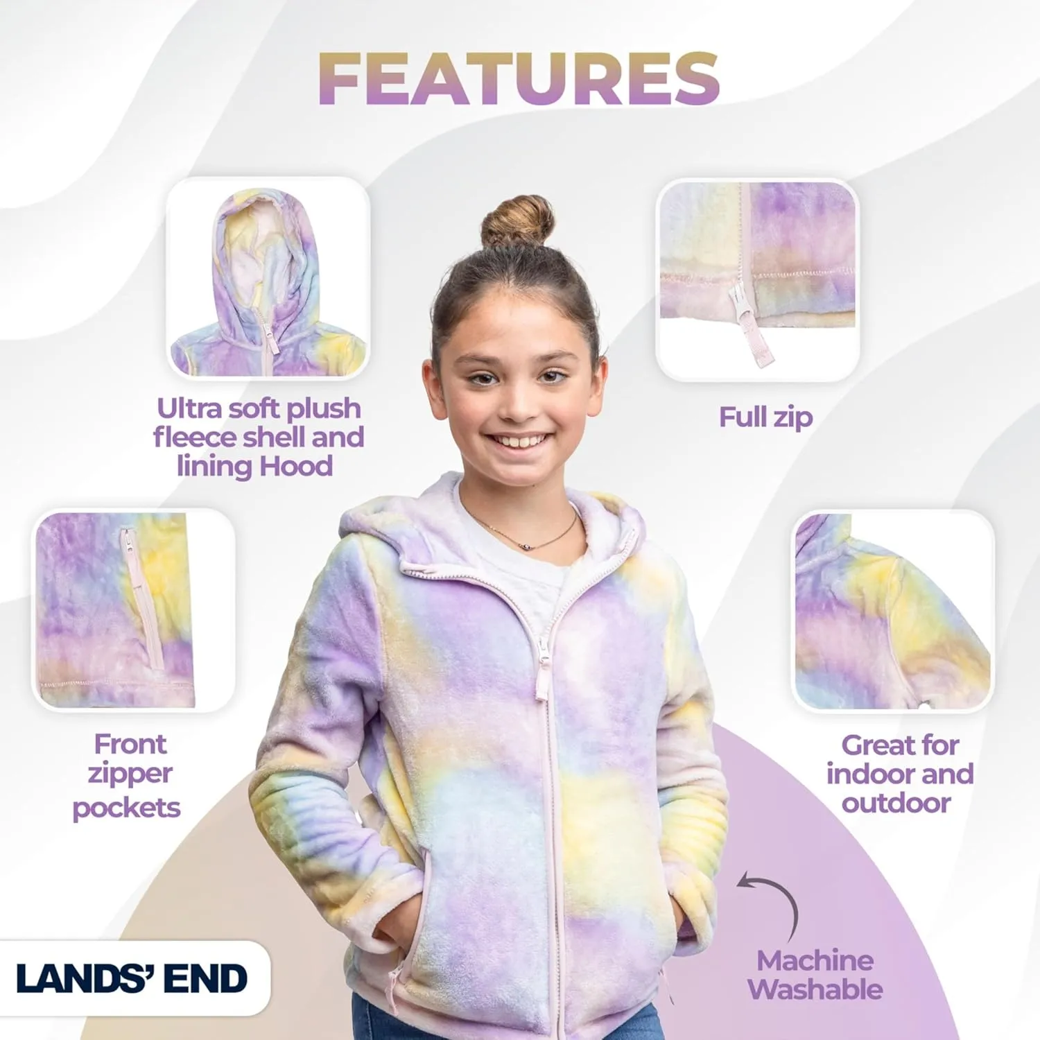 Lands' End Girls Softest Fleece Full Zip Hoodie Sweatshirt (XS-L)
