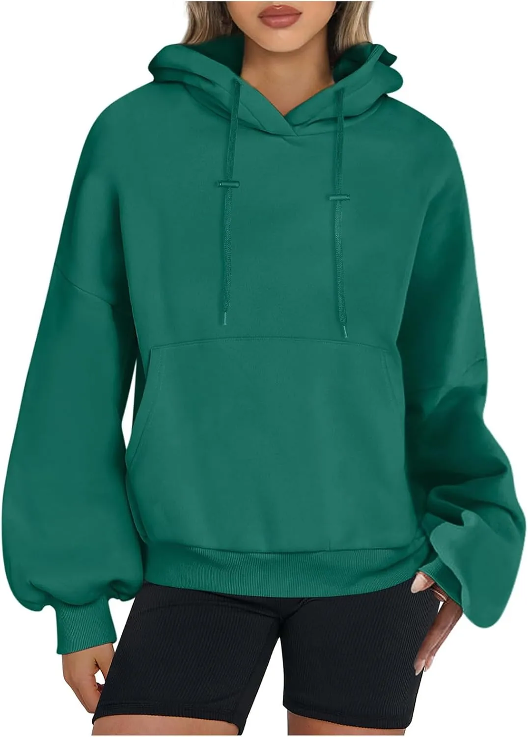 Lantern Sleeve Hoodies for Women Fashion Oversized Plus Size Casual Hoodie Solid Drawstring Sweatshirts with Pocket