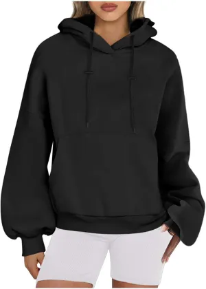 Lantern Sleeve Hoodies for Women Fashion Oversized Plus Size Casual Hoodie Solid Drawstring Sweatshirts with Pocket