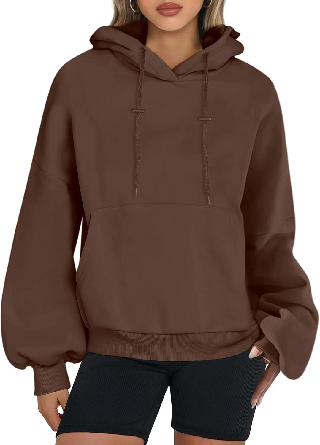 Lantern Sleeve Hoodies for Women Fashion Oversized Plus Size Casual Hoodie Solid Drawstring Sweatshirts with Pocket