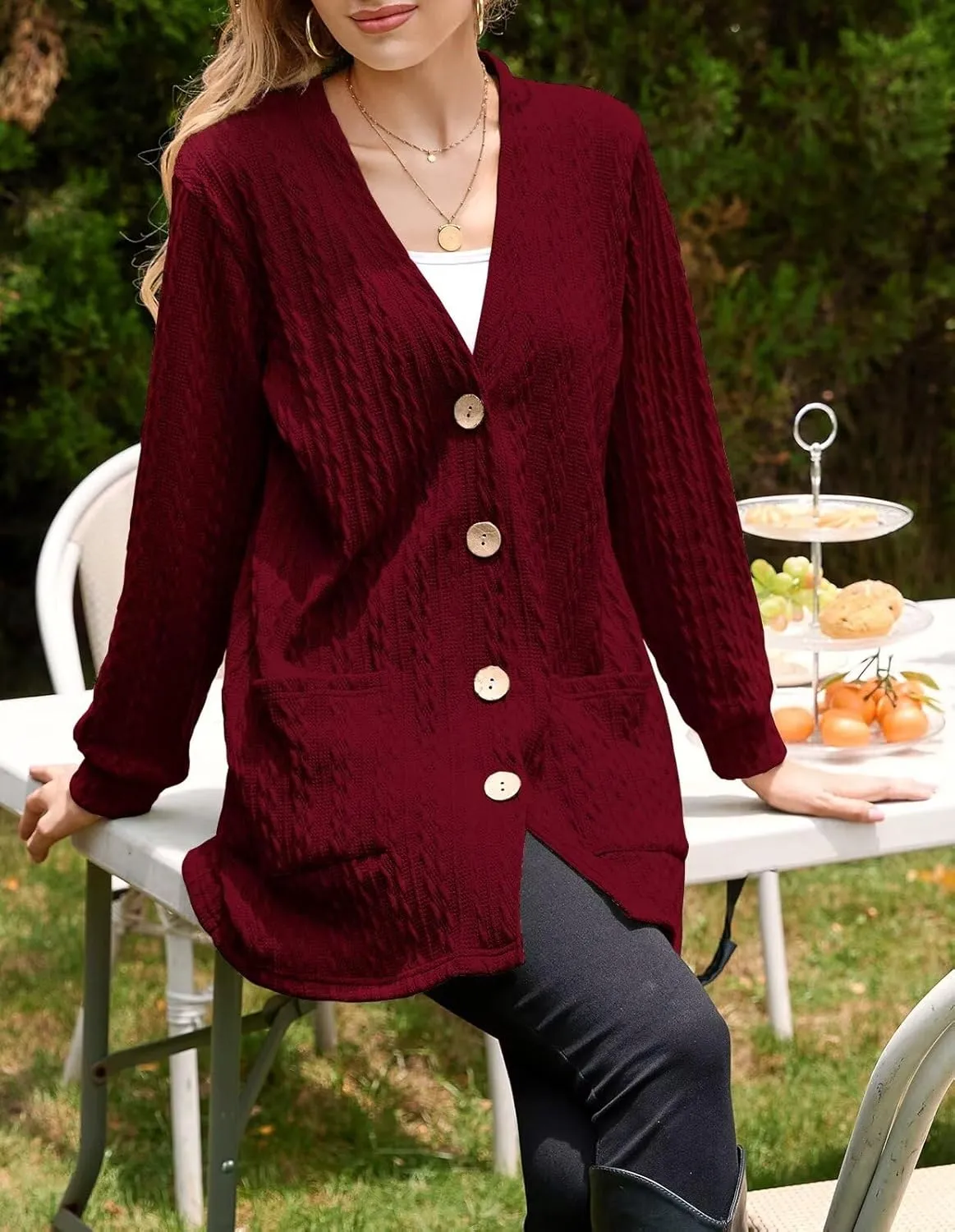 LARACE Open Front Cardigan for Women Cable Knit Sweater with Pockets Plus Size Long Sleeve Tops Button Down Winter Coat