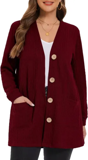 LARACE Open Front Cardigan for Women Cable Knit Sweater with Pockets Plus Size Long Sleeve Tops Button Down Winter Coat