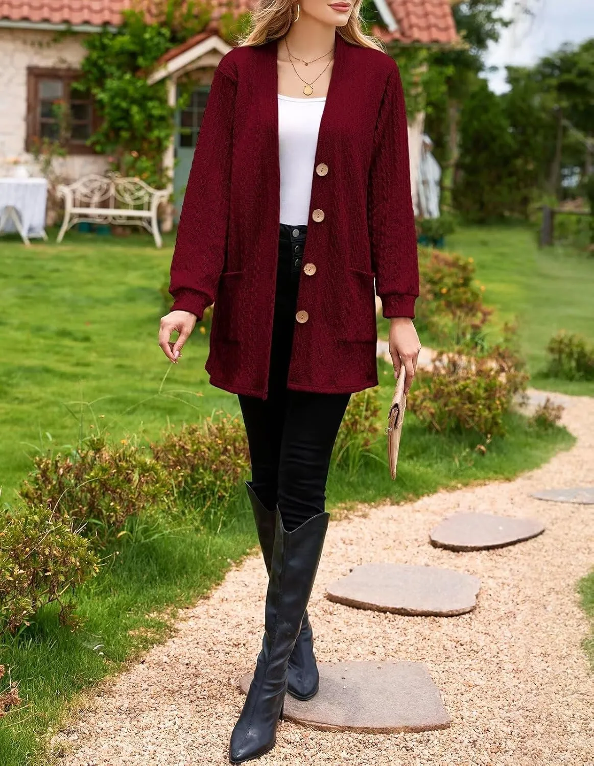 LARACE Open Front Cardigan for Women Cable Knit Sweater with Pockets Plus Size Long Sleeve Tops Button Down Winter Coat