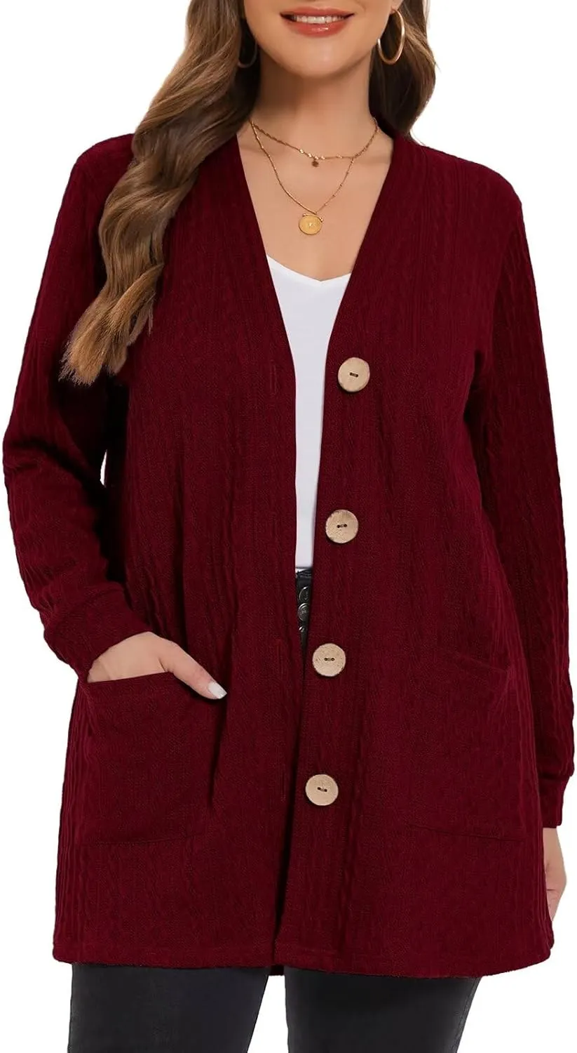 LARACE Open Front Cardigan for Women Cable Knit Sweater with Pockets Plus Size Long Sleeve Tops Button Down Winter Coat