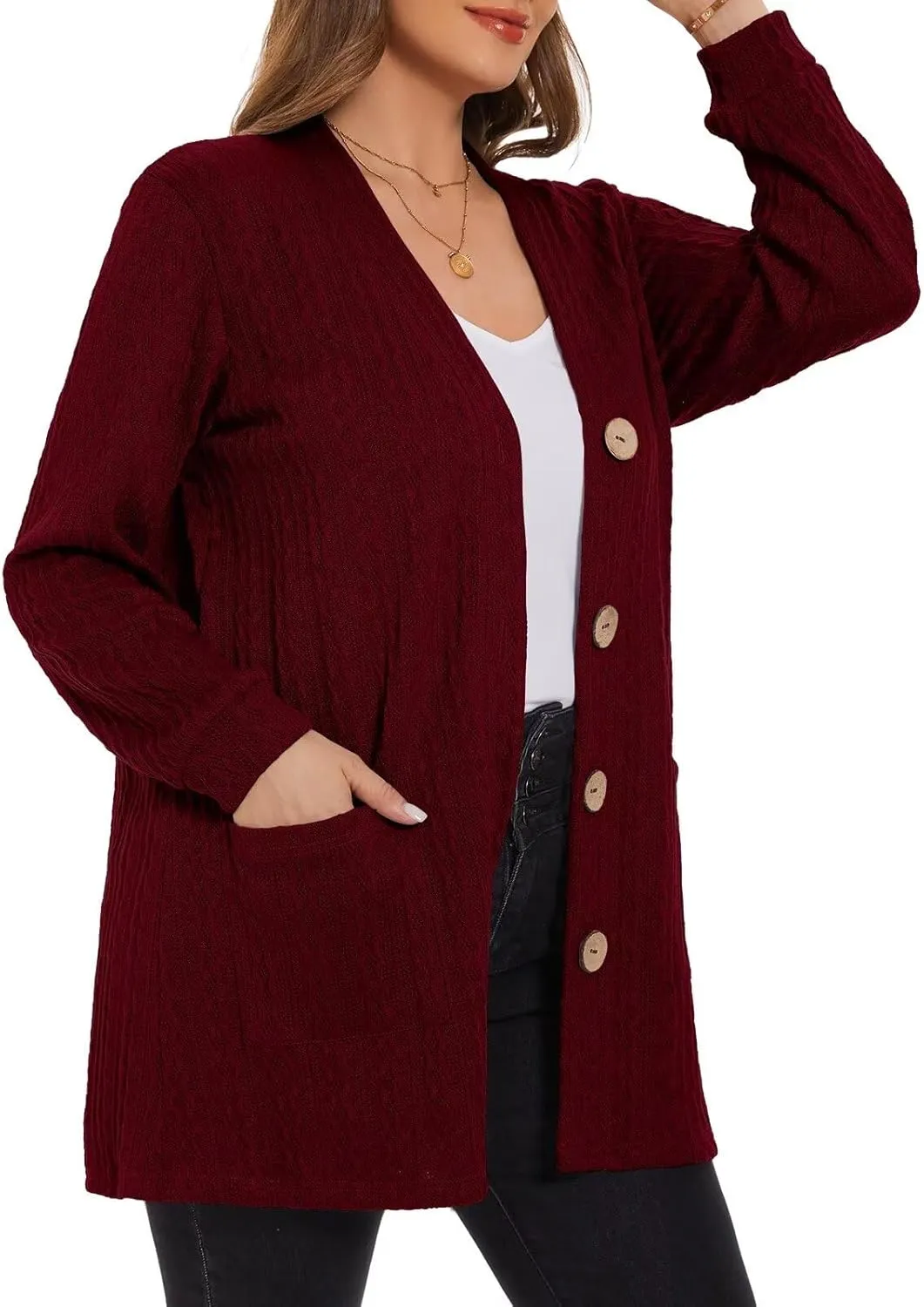 LARACE Open Front Cardigan for Women Cable Knit Sweater with Pockets Plus Size Long Sleeve Tops Button Down Winter Coat