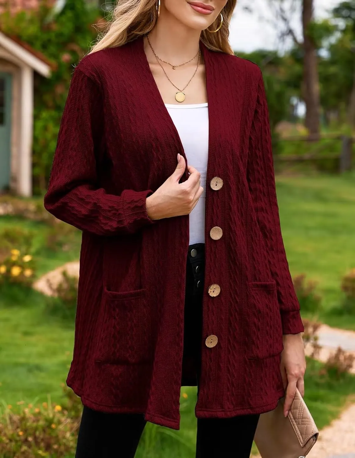 LARACE Open Front Cardigan for Women Cable Knit Sweater with Pockets Plus Size Long Sleeve Tops Button Down Winter Coat