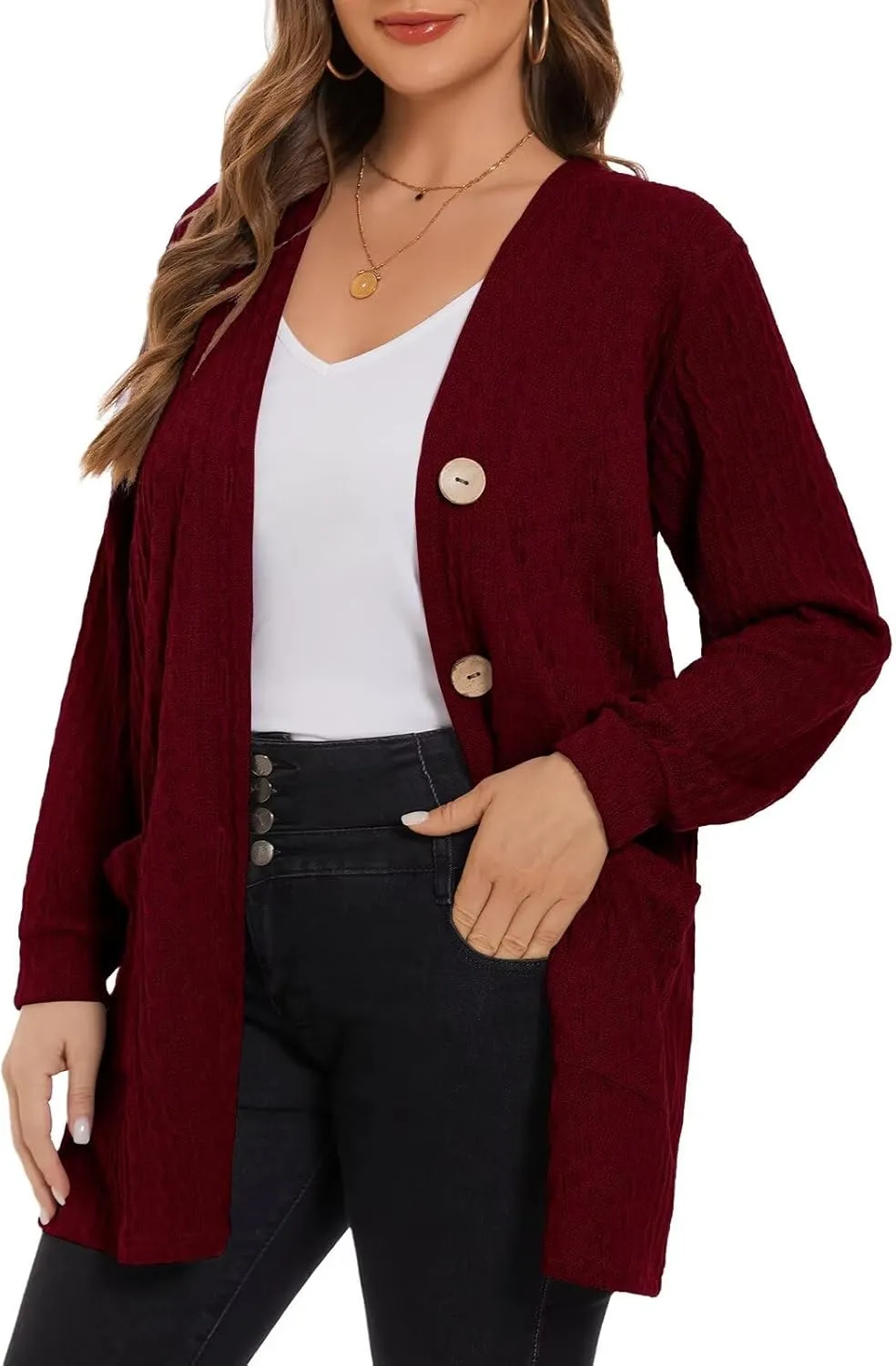 LARACE Open Front Cardigan for Women Cable Knit Sweater with Pockets Plus Size Long Sleeve Tops Button Down Winter Coat