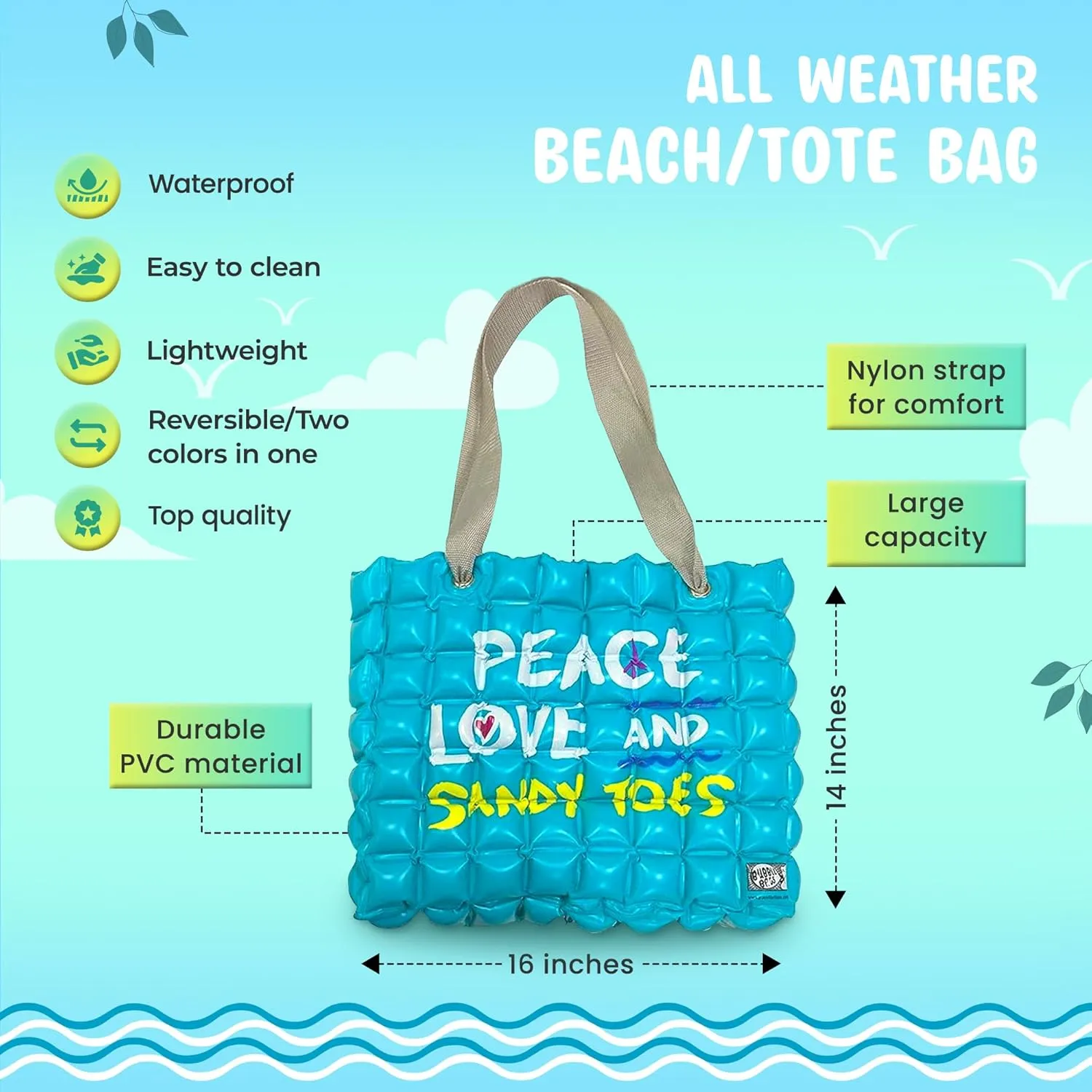 Large Beach Tote Bag for Women 16x14 Inch Foldable Travel Tote Bag Reversible - PVC Waterproof Beach Bags for Pool Shopping
