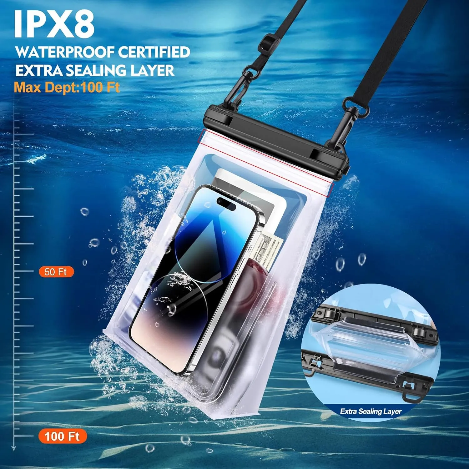 Large Waterproof Phone Pouch [with Sealing Strip], Cell Phone Dry Bag for iPhone 16 15 14 13 Pro Max Galaxy S25 S24 S23 S22 All Devices, Floating Water Proof Bag for Beach Water Park White