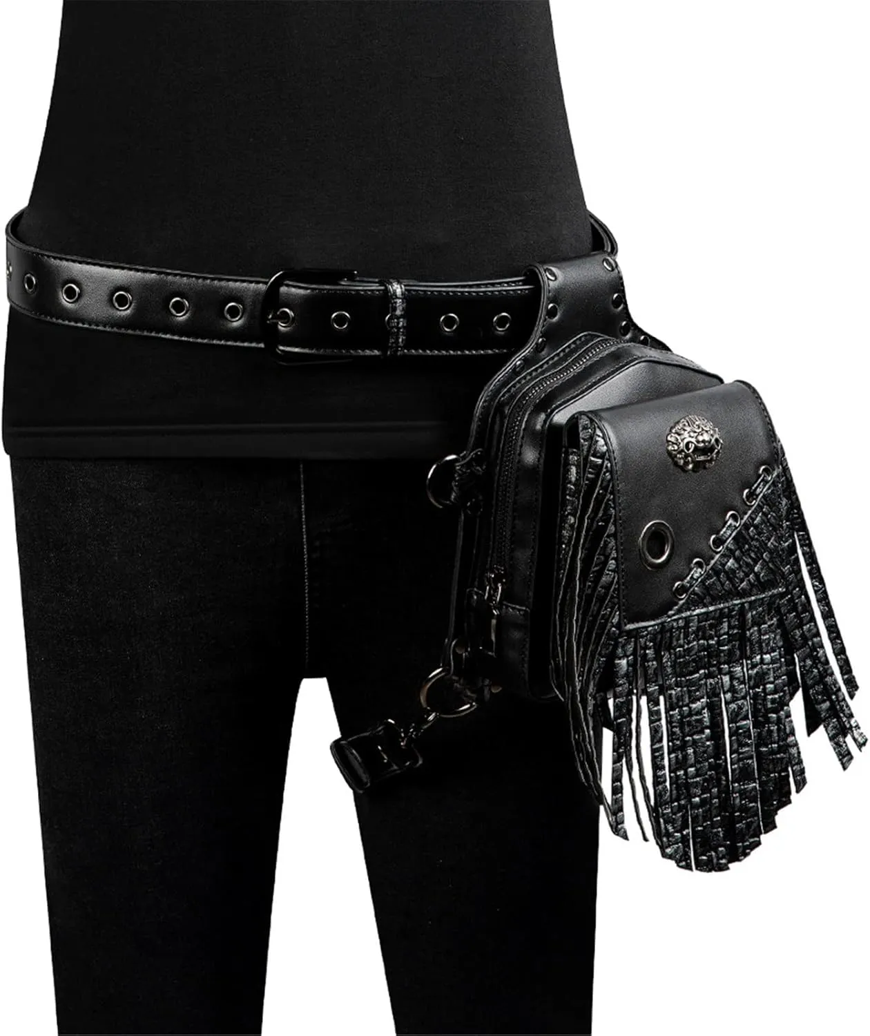Leather Steampunk Bag Punk Men's Waist Bag Pu Leather Outdoor Tactical Bag for Hiking Camping Trekking, Black