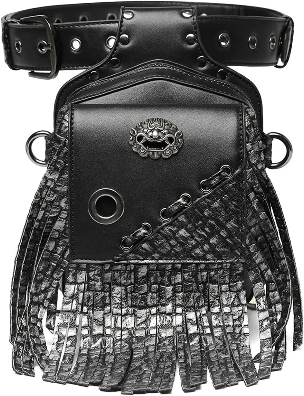 Leather Steampunk Bag Punk Men's Waist Bag Pu Leather Outdoor Tactical Bag for Hiking Camping Trekking, Black