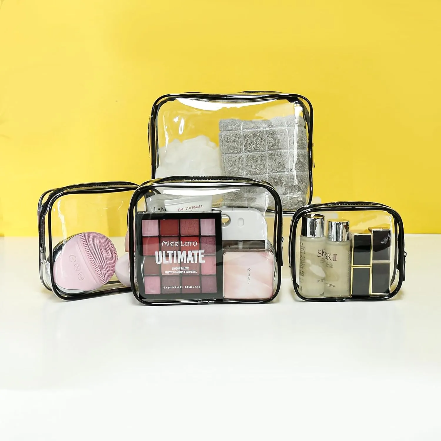 LETGO 4 Pack Clear Toiletry Bag, Portable Travel Makeup Pouch with Zipper, TSA Approved Organizer, PVC Cosmetic for Airport Airline Compliant (Black, Pack of 4)