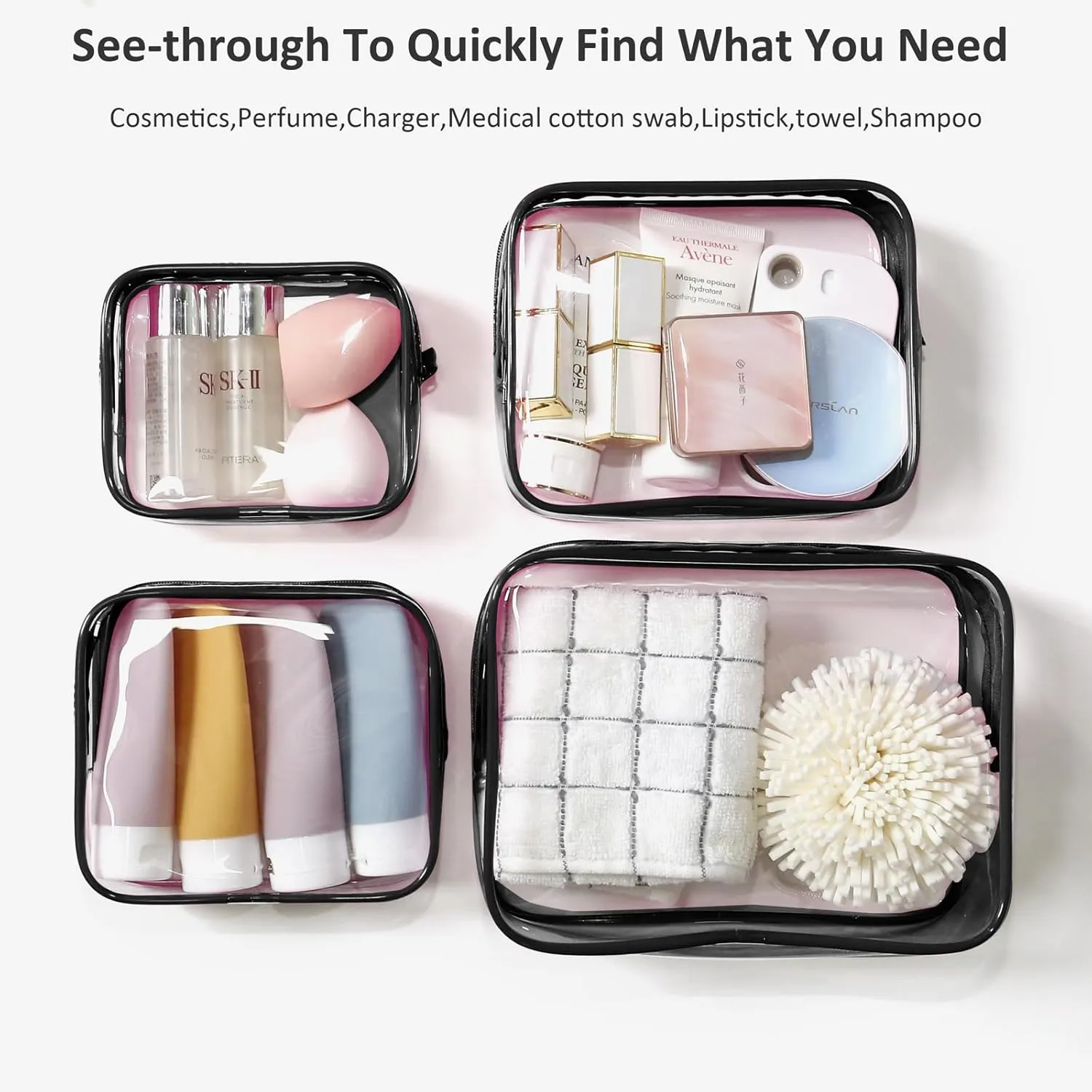 LETGO 4 Pack Clear Toiletry Bag, Portable Travel Makeup Pouch with Zipper, TSA Approved Organizer, PVC Cosmetic for Airport Airline Compliant (Black, Pack of 4)