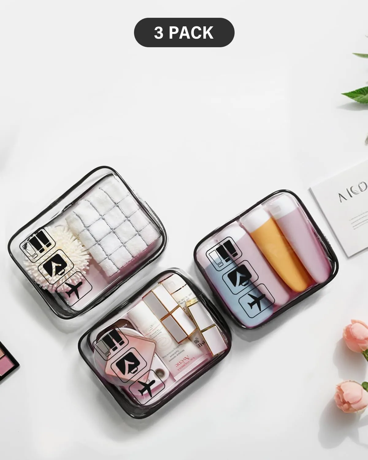 LETGO TSA Approved Toiletry Bag - Clear Makeup Bag Waterproof Quart Size Bag, Travel Makeup Cosmetic Bag for Women Travel Car Accessories Essentials for Men and Women (3 Pack-Black)