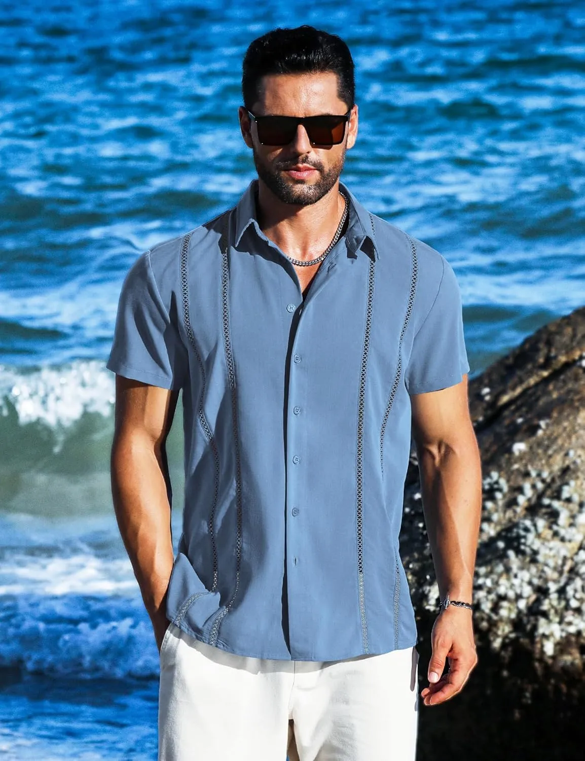 LETSEE Men's Cuban Guayabera Shirt Short Sleeve Casual Button Down Shirts Summer Beach Linen Shirts