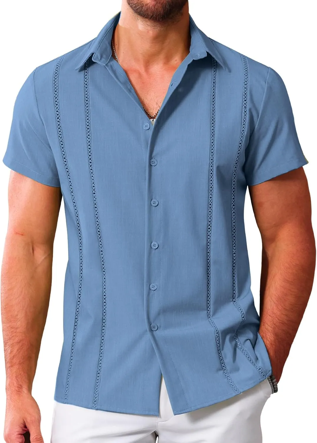 LETSEE Men's Cuban Guayabera Shirt Short Sleeve Casual Button Down Shirts Summer Beach Linen Shirts