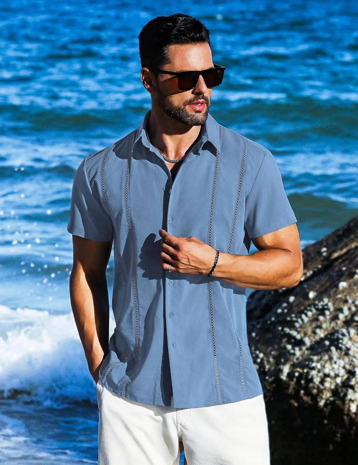 LETSEE Men's Cuban Guayabera Shirt Short Sleeve Casual Button Down Shirts Summer Beach Linen Shirts