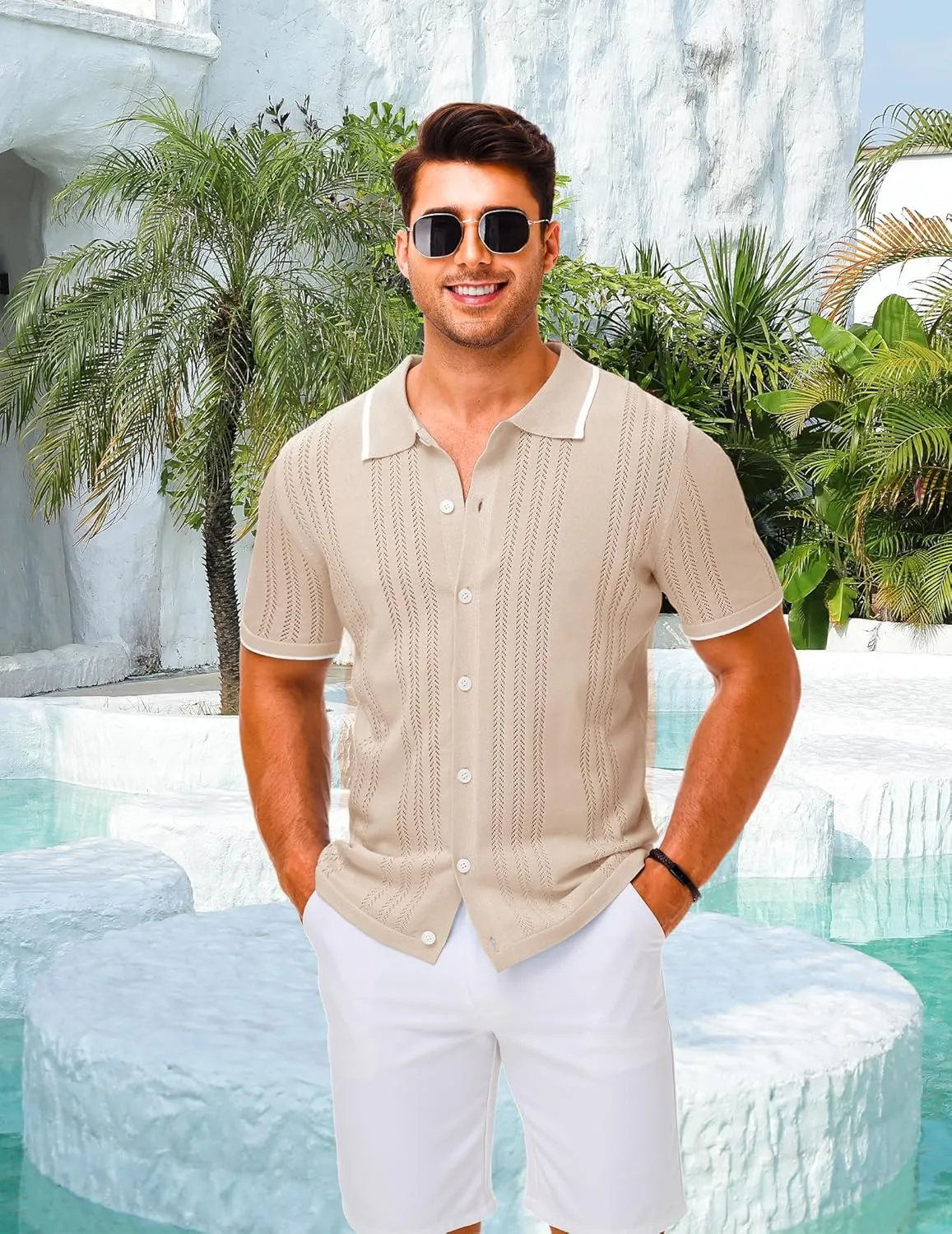 LETSEE Mens Short Sleeve Button Down Shirts Knit Polo Shirt Summer Beach Tops Resort Wear 2025