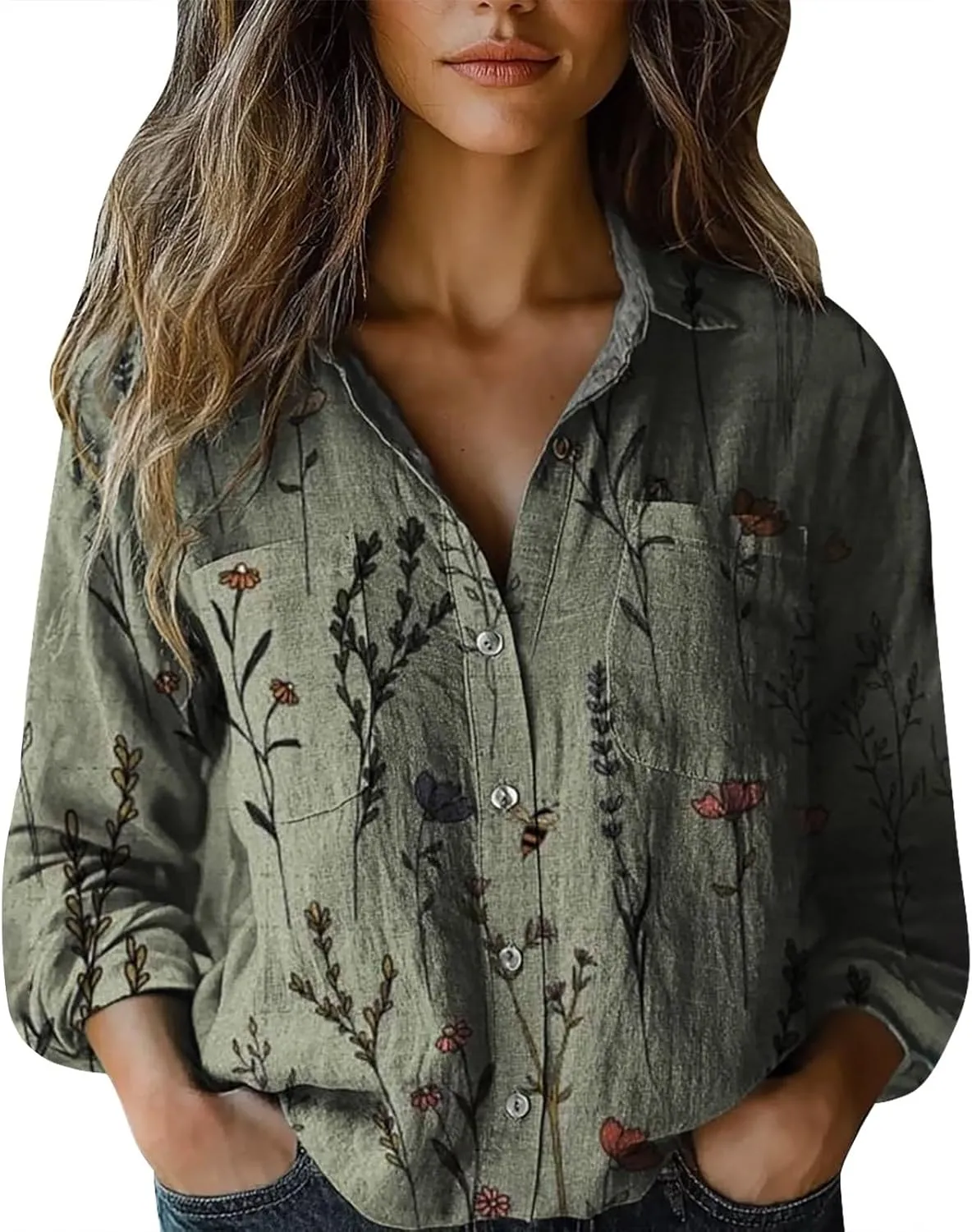 Linen Button Down Shirts for Women Long Sleeve Collared Ethic Floral Print Boho Blouses Retro Gauze Summer Tops