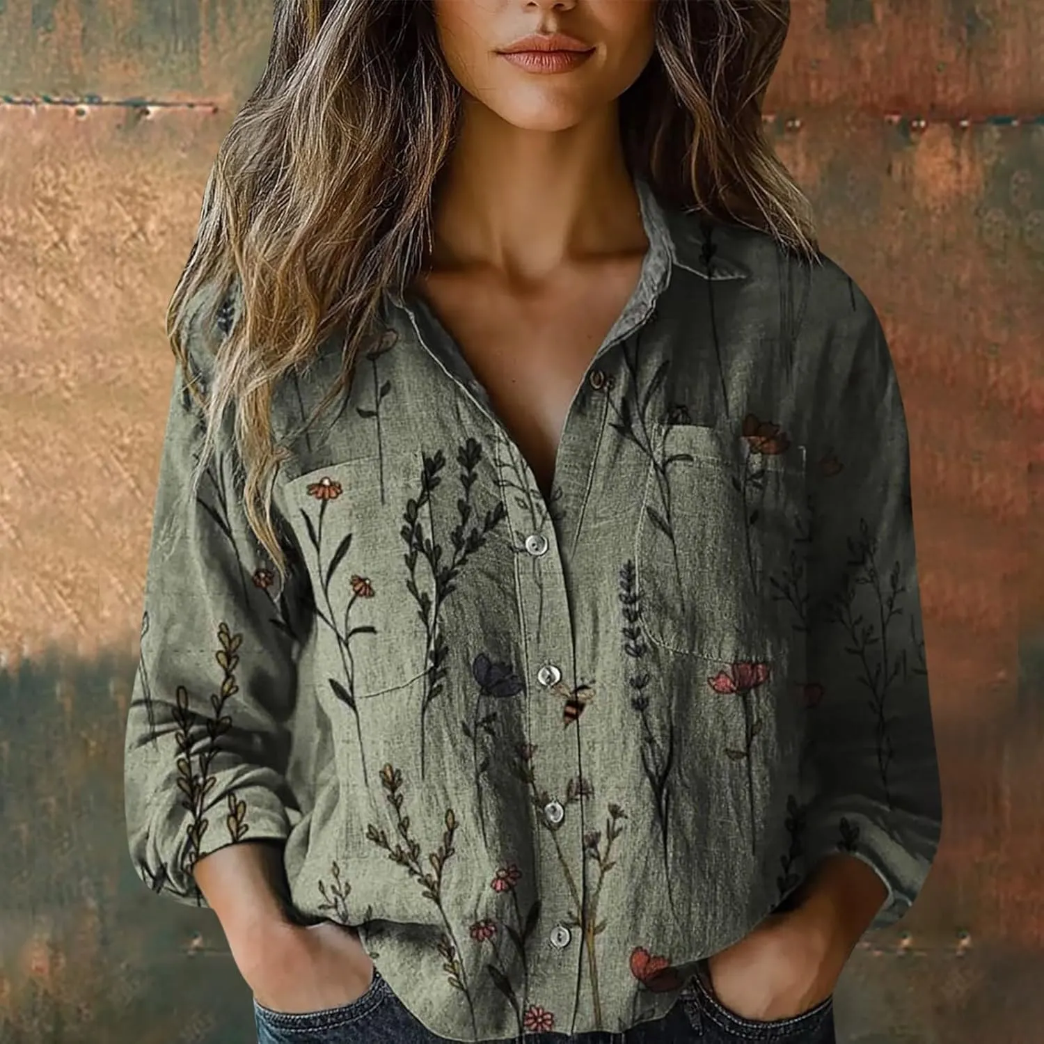 Linen Button Down Shirts for Women Long Sleeve Collared Ethic Floral Print Boho Blouses Retro Gauze Summer Tops