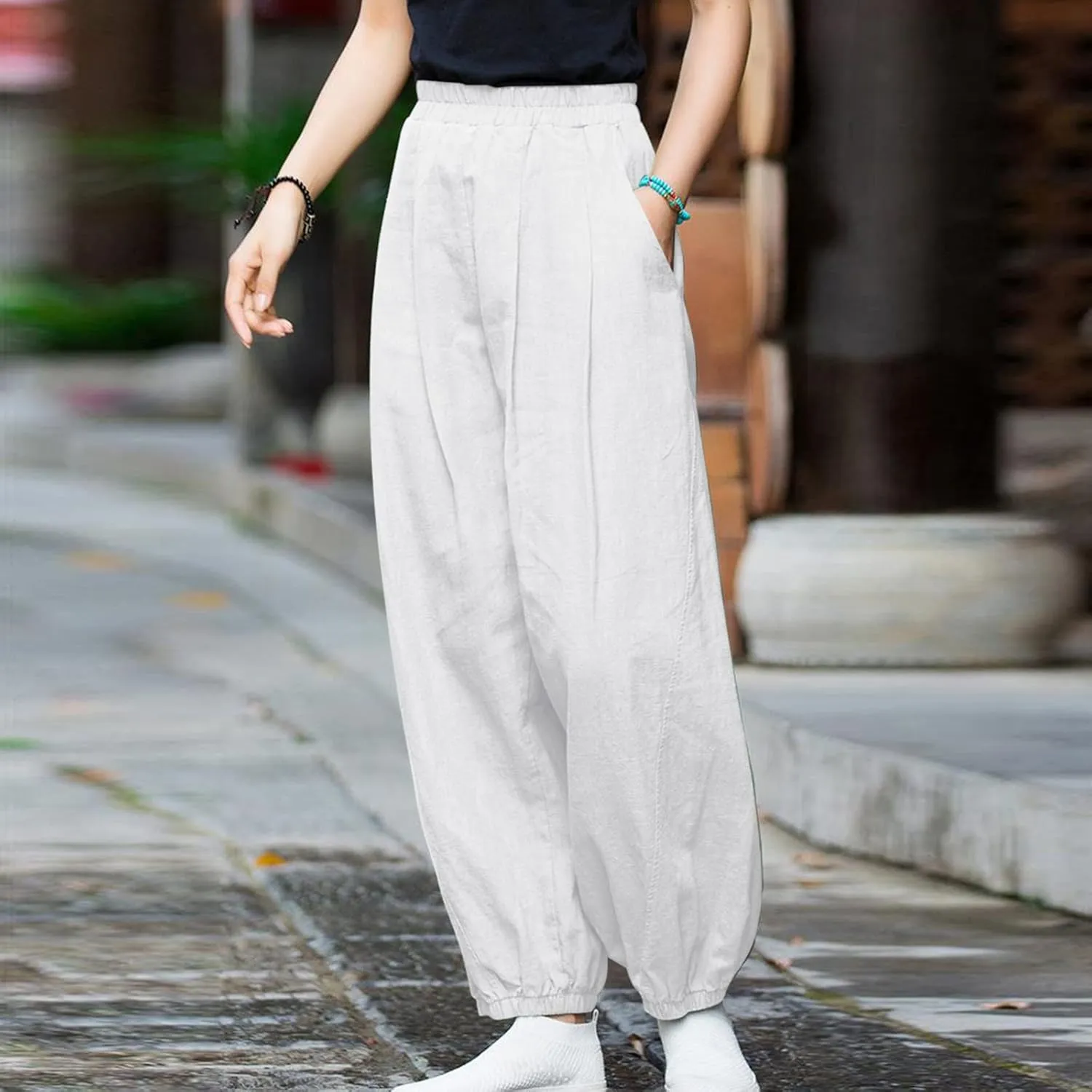 Linen Pants for Women Casual Relaxed Fit Elastic High Waist Cinch Bottom Pants Lightweight Comfy Trousers with Pocket
