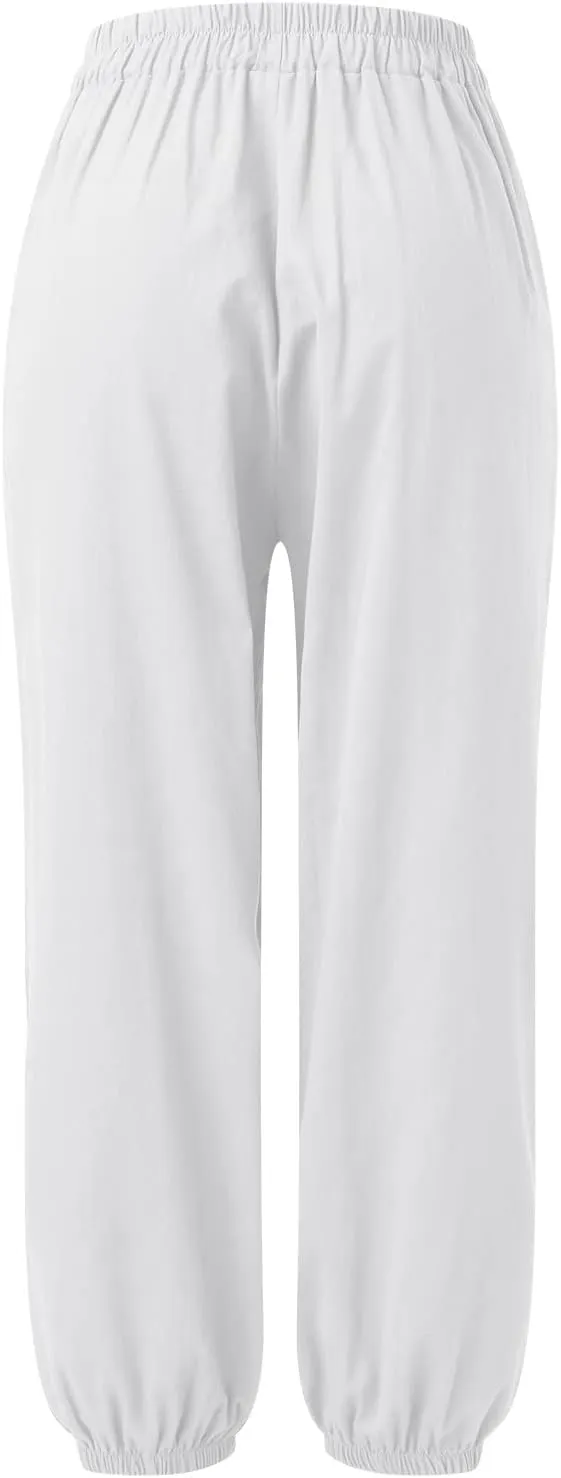 Linen Pants for Women Casual Relaxed Fit Elastic High Waist Cinch Bottom Pants Lightweight Comfy Trousers with Pocket