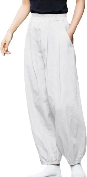 Linen Pants for Women Casual Relaxed Fit Elastic High Waist Cinch Bottom Pants Lightweight Comfy Trousers with Pocket