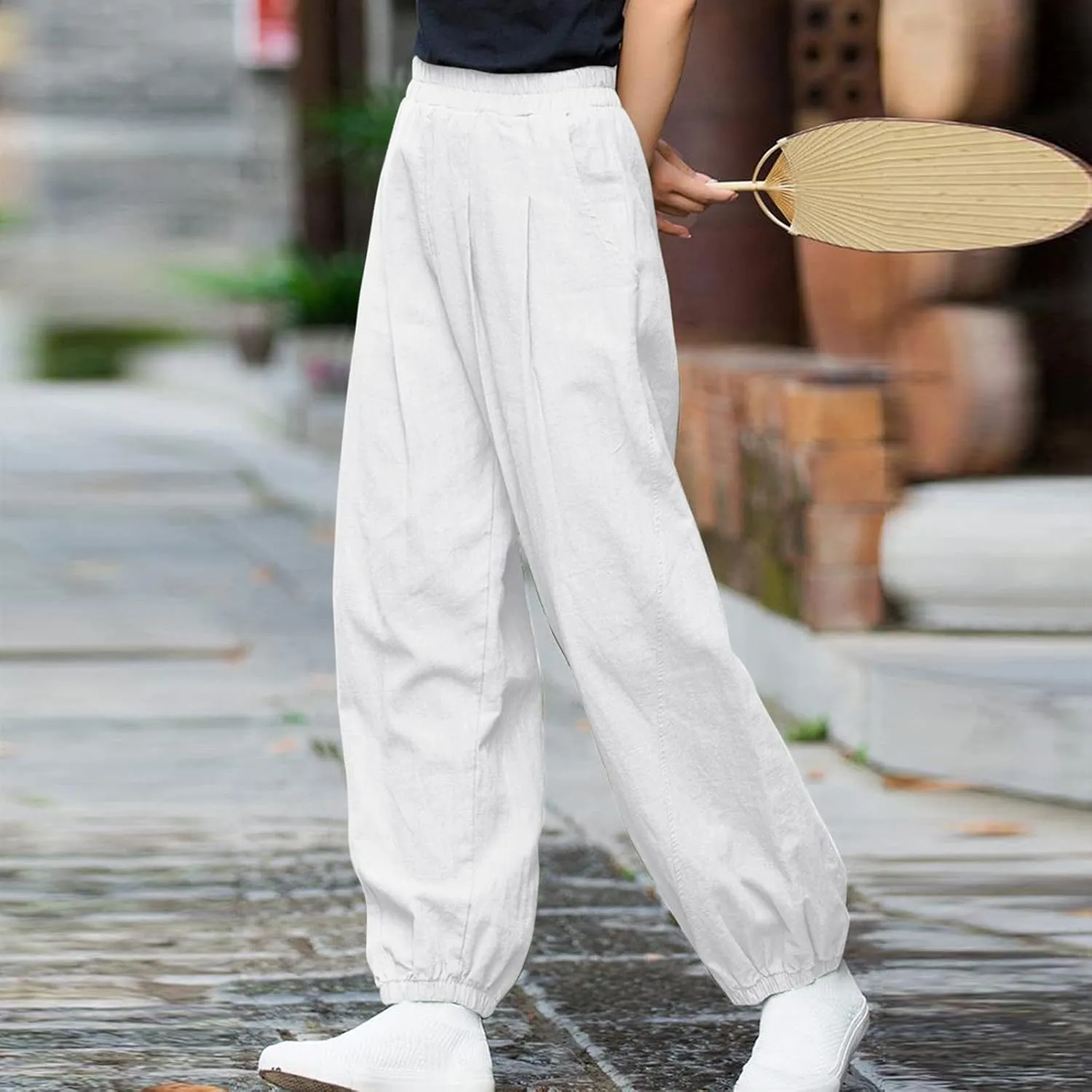 Linen Pants for Women Casual Relaxed Fit Elastic High Waist Cinch Bottom Pants Lightweight Comfy Trousers with Pocket