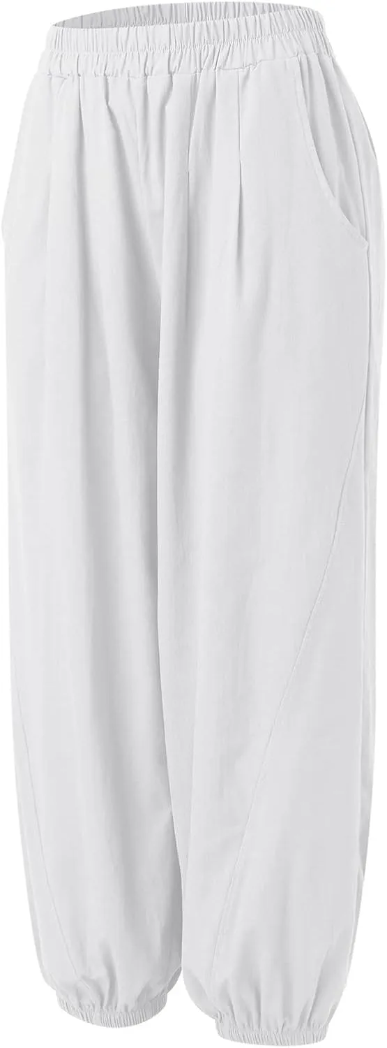 Linen Pants for Women Casual Relaxed Fit Elastic High Waist Cinch Bottom Pants Lightweight Comfy Trousers with Pocket