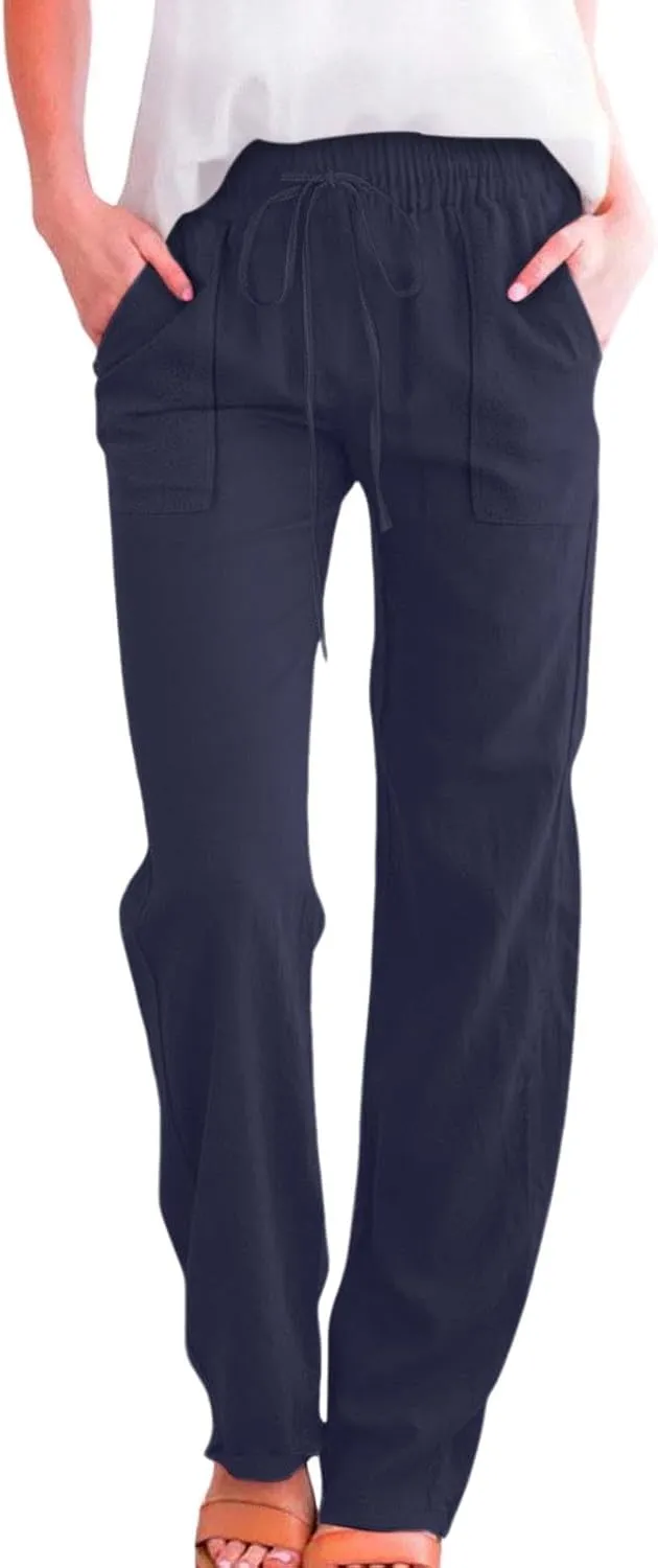 Linen Pants for Women Casual Relaxed Fit Elastic Waist Pant Straight Leg Drawstring Lounge Trousers with Pockets