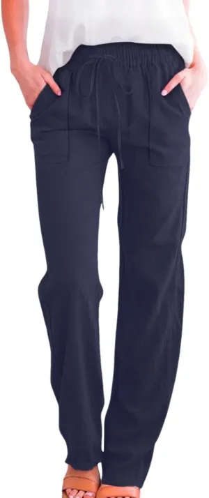 Linen Pants for Women Casual Relaxed Fit Elastic Waist Pant Straight Leg Drawstring Lounge Trousers with Pockets