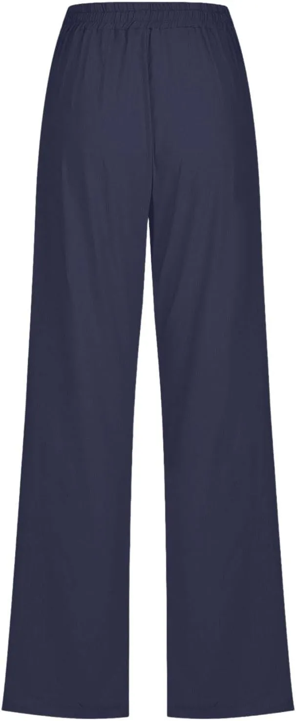 Linen Pants for Women Casual Relaxed Fit Elastic Waist Pant Straight Leg Drawstring Lounge Trousers with Pockets