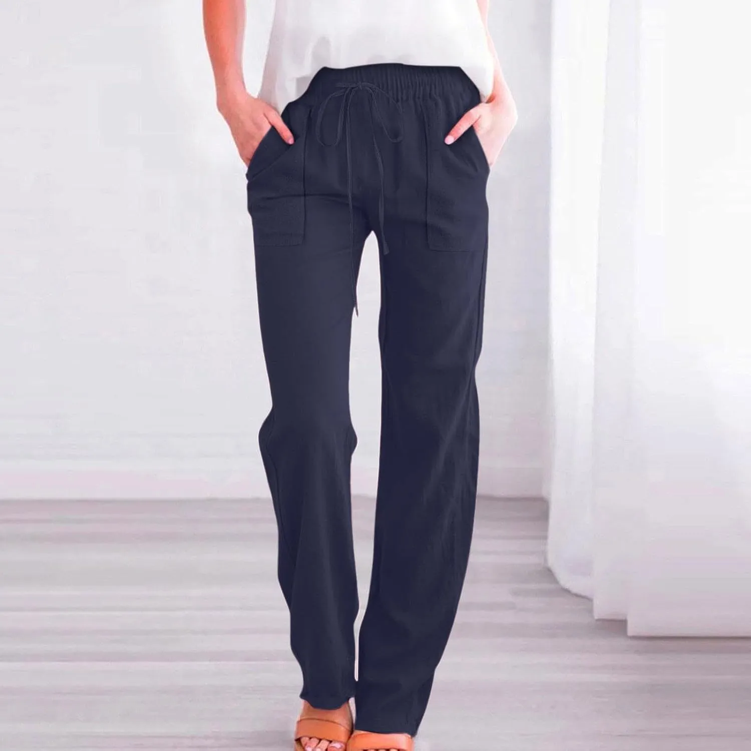 Linen Pants for Women Casual Relaxed Fit Elastic Waist Pant Straight Leg Drawstring Lounge Trousers with Pockets