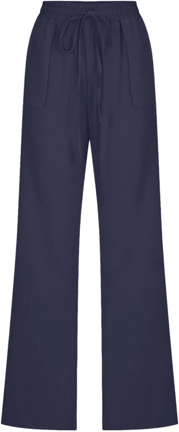 Linen Pants for Women Casual Relaxed Fit Elastic Waist Pant Straight Leg Drawstring Lounge Trousers with Pockets