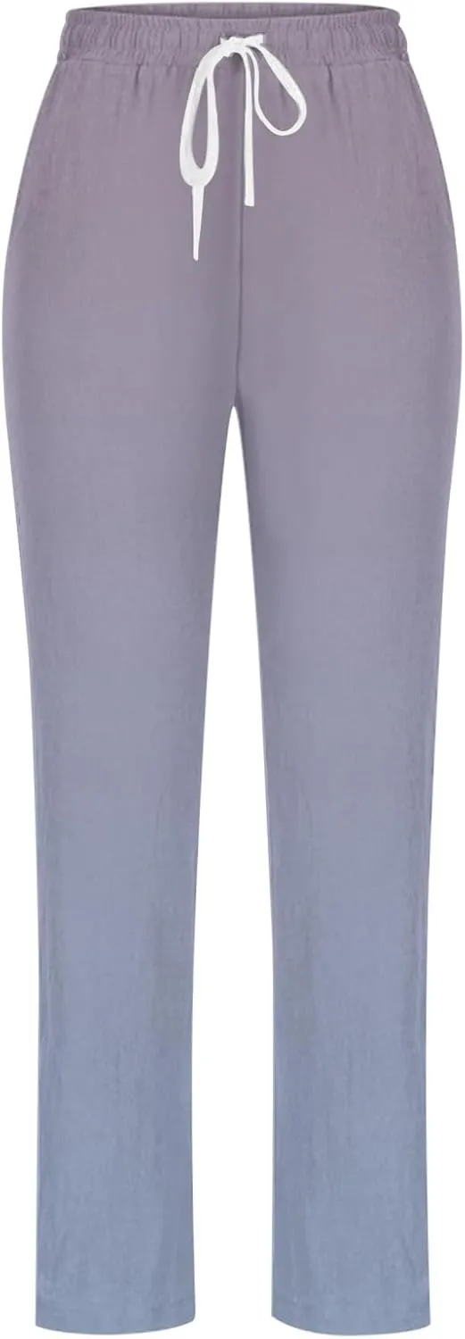 Linen Pants for Women Casual Summer Loose Boho Straight Leg High Waist Solid Color Linen Pants Breathable Ankle Trousers