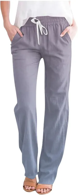 Linen Pants for Women Casual Summer Loose Boho Straight Leg High Waist Solid Color Linen Pants Breathable Ankle Trousers