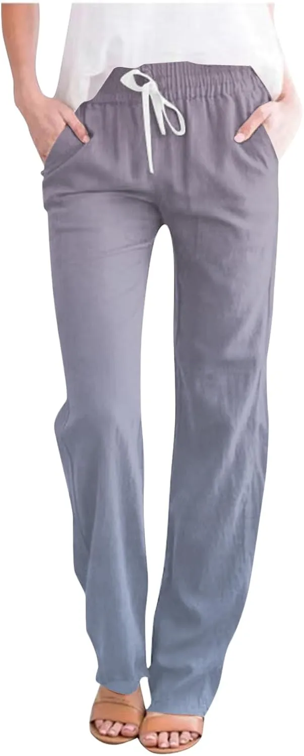 Linen Pants for Women Casual Summer Loose Boho Straight Leg High Waist Solid Color Linen Pants Breathable Ankle Trousers